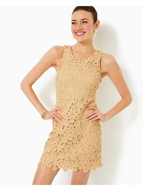 Lilly Pulitzer MARQUETTE CROCHET SHIFT DRESS, WICKER TAN SOIREE CROCHET PANEL